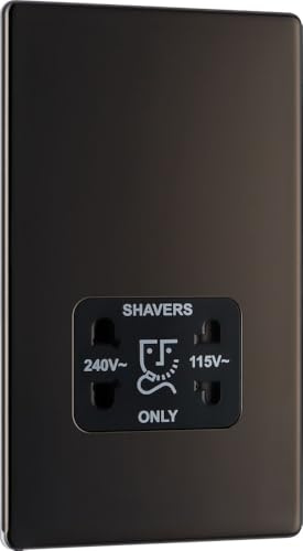 BG Electrical Dual Voltage Shaver Plug Socket, Electric Toothbrush Charger Socket for Bathrooms, Screwless Front Plate, Premium Flatplate, 2-Pin, Black Nickel, 115V / 240V, FBN20B