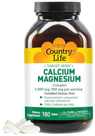 Country Life Target-Mins Calcium Magnesium Complex 1000mg/500mg, 180 Tablets, Certified Gluten Free, Certified Vegan, Certified Non-GMO Verified