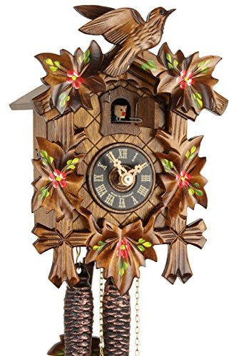 Orologio a cucù originale della Foresta Nera in vero legno, movimento meccanico con carica di 1 giorno e certificazione VDS, motivo con 5 foglie dipinte, 23 cm, 20-01-14-10