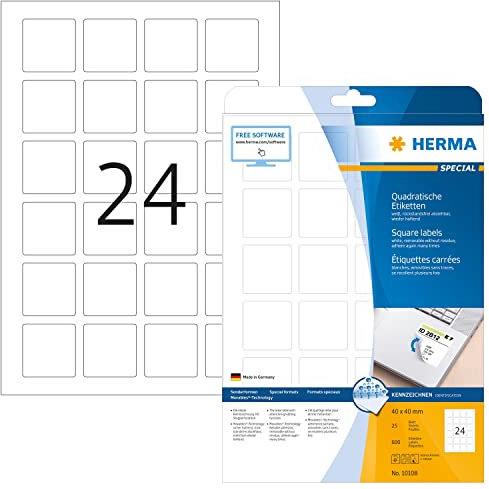 HERMA 10108 Universal Etiketten ablösbar, 25 Blatt, 40 x 40 mm, 24 pro A4 Bogen, 600 Stück, selbstklebend, bedruckbar, matt, quadratisch, blanko Papier Klebeetiketten Aufkleber, weiß