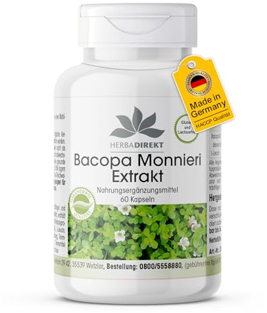 Estratto di Bacopa Monnieri 500mg in capsule - 60 capsule - Contiene 20% di bacoside - Per il miglioramento della funzione cognitivo | HERBADIREKT - Qualità da farmacia tedesca