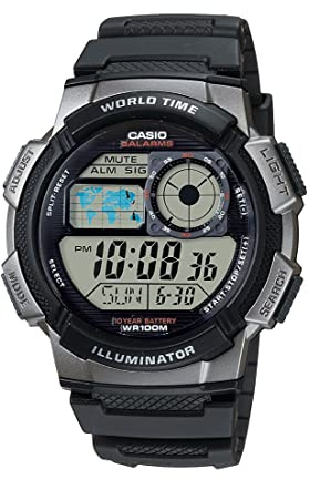 Casio AE1000W Series | Men’s Digital Watch | Black/Black | 100M WR | Multi Alarms | 100 SEC Stopwatch | Countdown Timer | World Map for World Time | LED Light | LC Analog Display | 10 Year Battery