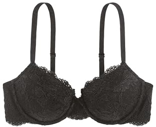 DORINA Women's Lianne Lightly Padded Demi Bra - Floral Lace with Scalloped Edges, Underwired Moulded Cups, and Soft Micro Fabric Wings, Black