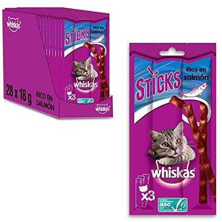Whiskas Snack per Gatto, Sticks al Salmone, 84 Pezzi in Totale, 28 Confezioni da 18g l'Una