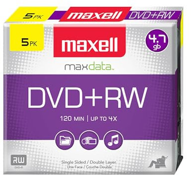 Maxell 634045 DVD-RW Blank Disc - Rewritable 4.7 Gb with Slim Jewel Case, 120min & Max Up to 4x, Superior Archival Life Digital Storage Playback & Up to 1000 Rewrite - 5 Pack