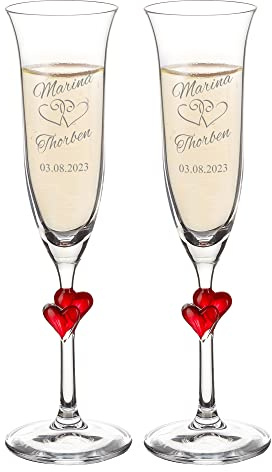 AMAVEL - Set 2 Flûte con Cuori Rossi sullo Stelo e Incisione - Motivo Cuori - Personalizzati con [NOMI] e [DATA] - Calici da Prosecco - Regalo di Nozze - Regalo di Anniversario - San Valentino
