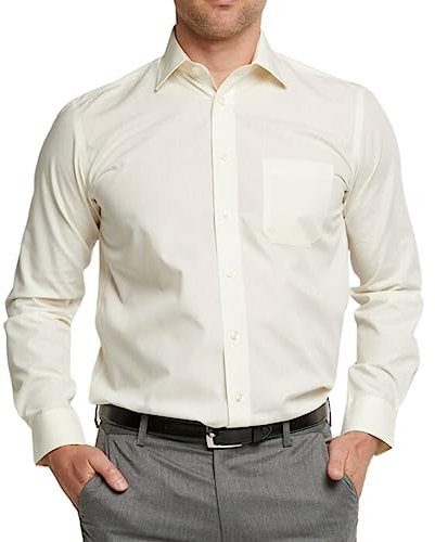 Double TWO Men's Long Sleeve Plain Formal Shirt Non Iron Classic Fit Business Dress Shirt - Cream, 18in Collar