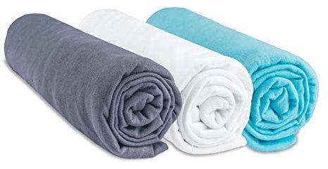 Juego de 3 sábanas bajeras para bebé de algodón, 70 x 140 cm, color gris, blanco y turquesa (marca Easy Dort)