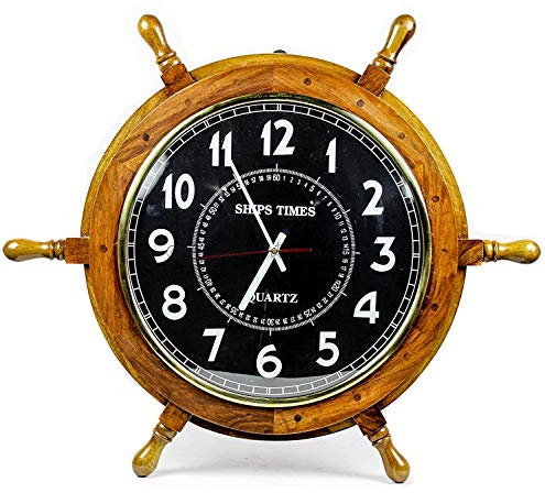 Nagina International Grande timone nautico in legno azzurro con orologio da capitano del tempo della nave, orologio decorativo per la casa dei pirati (40,6 cm, quadrante nero)