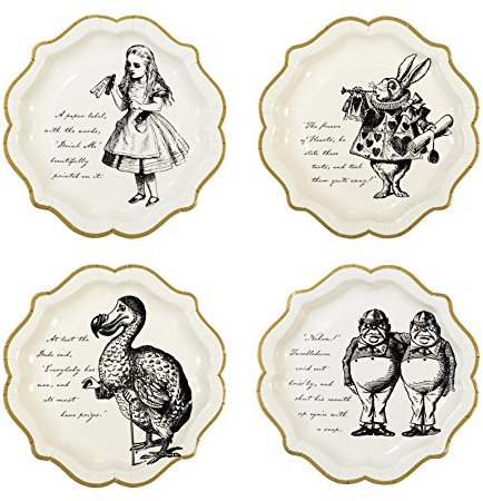 Talking Tables Piatti di carta di Alice nel paese delle meraviglie, 22,9 cm, con finiture dorate per feste, tè o compleanni, colore: crema e oro (confezione da 12)