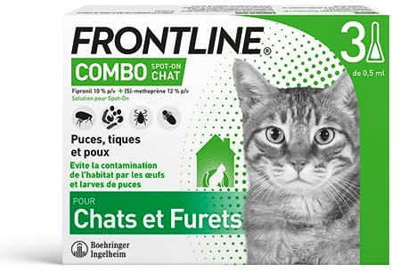 FRONTLINE Combo Chat - Anti Puces, Tiques & Poux - Contre Larves & Oeufs - Elimine & Tue - Protège L'Animal & L'Habitat - Jusqu'à 4 Semaines - Fabriqué En France - 3 Pipettes Application Spot On