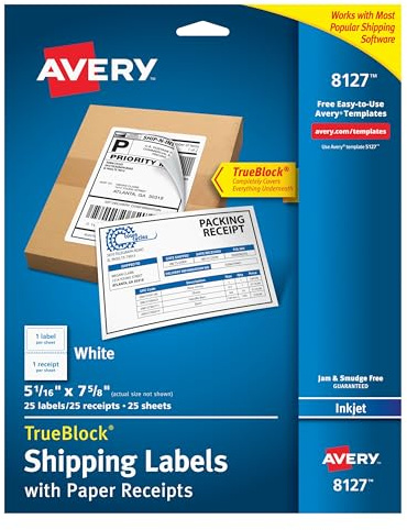 Avery® Shipping Labels, Paper Receipts and TrueBlock® Technology for Inkjet Printers 5-1/16 x 7-5/8, Pack of 25 (8127)