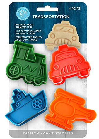 R&M Transportation Theme Cookie Cutter Stamper 4 Piece Set, Assorted Colors, Train, Boat, Helicopter, Car Cookie Stamper