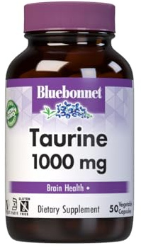 Bluebonnet Nutrition Taurine 1000 mg, Nervous System Health*, Non-GMO, Vegan, Kosher Certified, Gluten-Free, Soy-Free, 50 Vegetable Capsules, 50 Servings