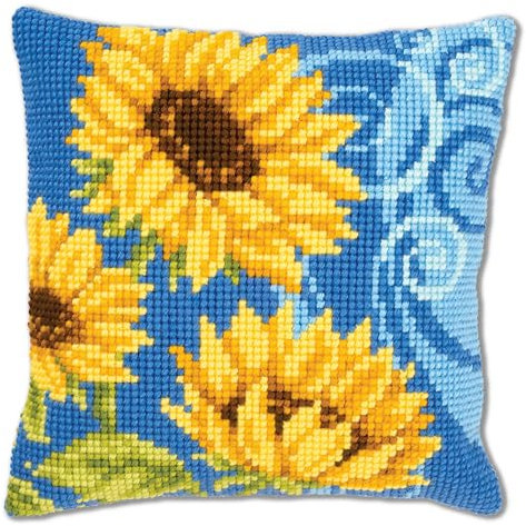 VERVACO Kreuzstich Stickpackungen Kissen Stickerei Set Anfänger Vorgedruckt Sonnenblumen auf Blau DIY Set Kreativ Set Für Erwachseneca. 40 x 40 cm Bastelset Handwerker Haus Dekoration