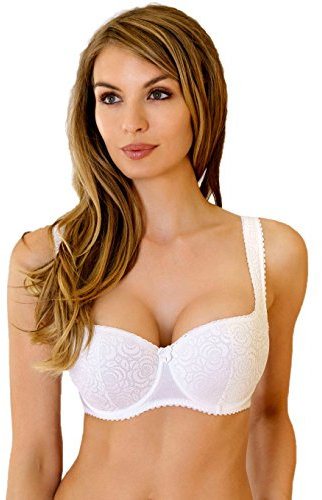 Rosme Women's Balconette Bra with Push Up Effect – Plus Size Sexy Lace Demi Half Cup Bra – Lightly Padded Underwired Low Cut Mesh Design Annija, White, Size 38DD