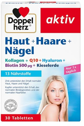 Doppelherz Haut + Haare + Nägel – Nahrungsergänzungsmittel mit Zink zum Erhalt normaler Haut – Plus Hyaluron & Kieselerde – 1 x 30 Tabletten