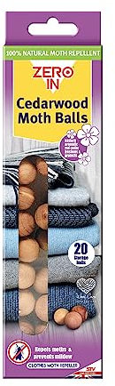 Zero In Cedarwood Moth Repellent Ball - 20-Pack. Made from 100% Natural Eastern Aromatic Red Cedar for Effective, Long-lasting, Chemical-free Control. Place in Wardrobes, Drawers and Cupboards