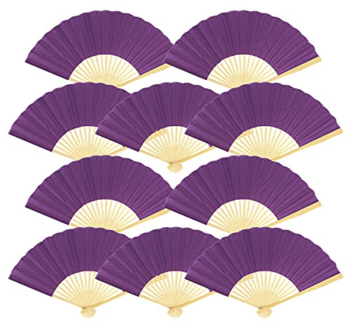 Quasimoon PaperLanternStore.com 9 Inch Dark Purple Silk Hand Fans for Weddings (10 Pack)