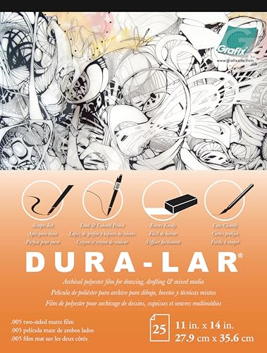 Grafix Dura-Lar 0.005 Film, Matte, Translucent 11x14, Economical Alternative to Drafting Film, Mylar and Acetate, Translucent Drawing Surface for Lead, Ink, Charcoal and Paint, Pad of 25 Sheets