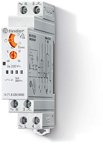 Finder Temporizzatore Luce Scale Tipo 14.71. 3 funzioni impostabili tramite selettore frontale . Dotato di 1 contatto 16 A. Adatto per impianti a 3 e 4 fili