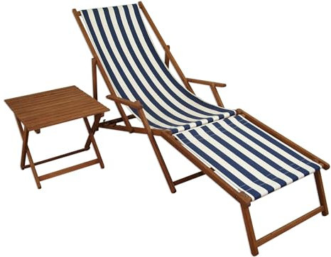 Erst-Holz Liegestuhl blau-weiß Sonnenliege Fußteil Tisch Buche dunkel Relaxliege Gartenliege 10-317 F T