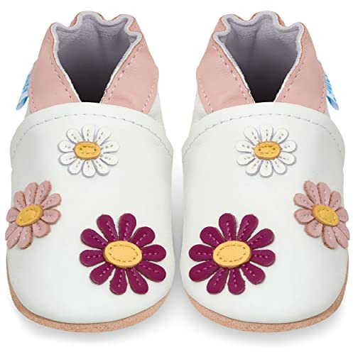 Soft Leather Baby’s Shoes - Newborn Baby’s Leather Booties with Suede Soles - First Steps Shoes  – Newborn Baby’s Shoes – Shoes for Baby Boys or Girls. 12-18 Mesi Fiori e Bolle