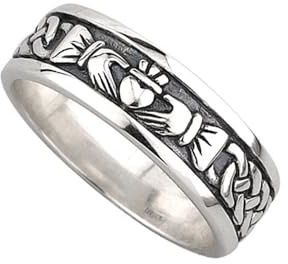 Biddy Murphy, Men's Irish Claddagh Wedding Band, 925 Sterling Silver Groom's Ring, Oxidized Black Patina Two-Toned Design, Made in Ireland by Artisan Jewelers, Size 8