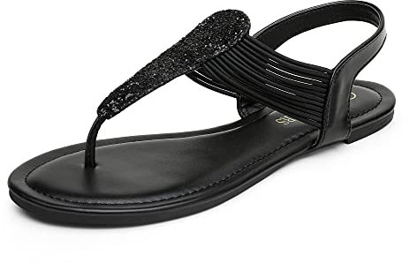 DREAM PAIRS Women's Elastic Strappy String Thong Ankle Strap Summer Gladiator Sandals,Size 8,Black,SPPARKLY
