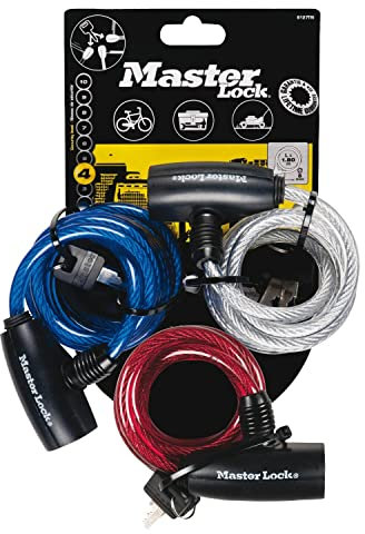 Master Lock 8127EURTRI Lucchetto Bici, Chiave, 1.8 m Cavo, Esterno, Set di 3, Pack Famiglia, Ottimo per Proteggere Bicicletta, Skateboard, Passeggino, Falciatore, Attrezzature Sportive