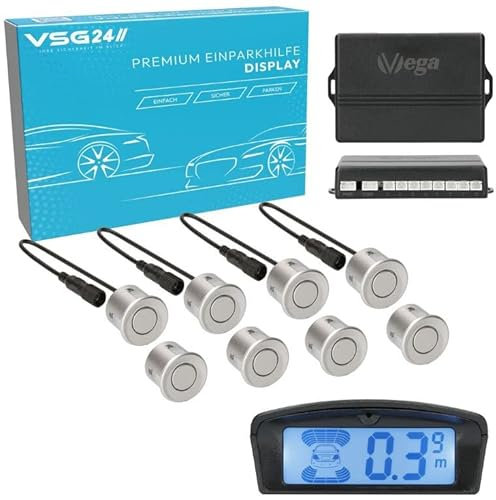 VSG24 Premium Kombi Einparkhilfe mit Display zum nachrüsten am Auto, PDC Parksensoren Vorne Hinten mit Stecksystem für einfachste Montage - 8 Rückfahrwarner Sensoren Parkhilfe Nachrüstsatz