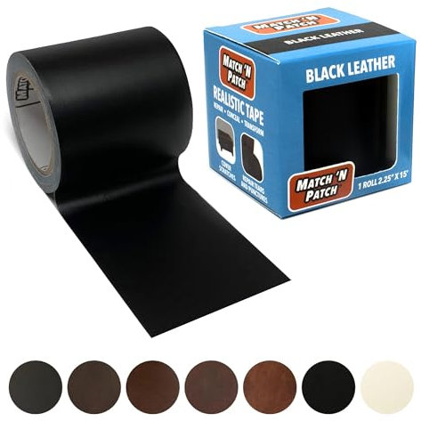 MATCH 'N PATCH Leather Repair Tape - Realistic Printed Leather Pattern for Vinyl, & Synthetic Repairs, Conceal Rips, Scratches, and Tears, for Furniture Fix, Crafts, & DIY - 15 ft x 2.25 Roll, Black