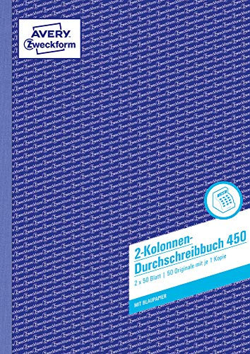 AVERY Zweckform 450 Kolonnen-Durchschreibbuch 2 Kolonnen (A4, mit 1 Blatt Blaupapier, Spaltenbuch, Geschäftsbuch, für Deutschland und Österreich zum Erstellen von Original und Kopie, 2x50 Blatt) weiß