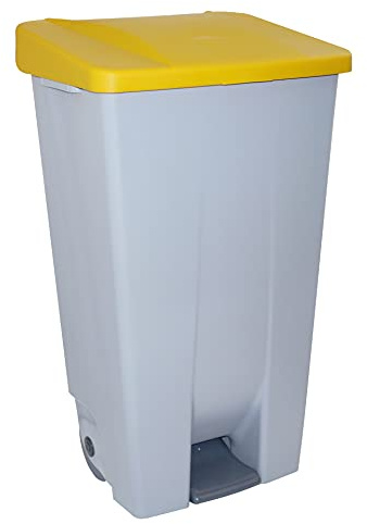 Contenedor de Reciclaje con Pedal 120L Gris con Tapa Amarillo – Cubo de Basura Selectivo con Ruedas y Asa Ergonómica, Plástico Resistente y Fácil Limpieza | Denox