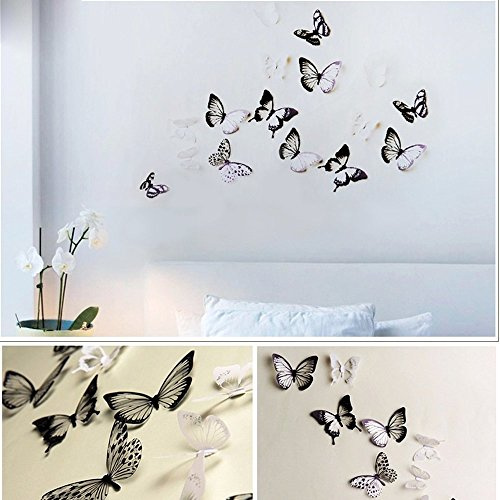 Ambiance Sticker 3D Papillons Stickers Décoration Papillon Autocollants Muraux pour Maison Pièce - Pack of 18 Pièces Translucides Noir et Blanc Papillon