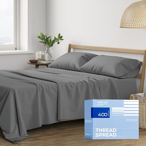 THREAD SPREAD King Size Cotton Sheets Set - 400 Series Glee Collection 100% Cotton Sheets for King Bed (4 PC, Dark Grey), 16 in Deep Pocket Soft Bed Set for Hot Sleepers, Luxury Hotel Cooling Sheet