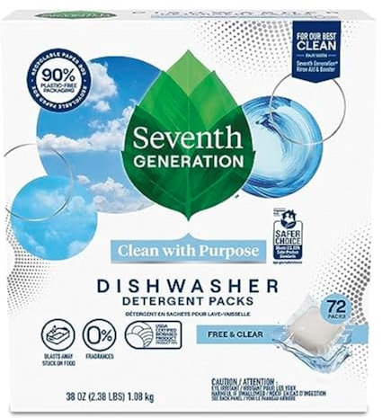Seventh Generation Dishwasher Detergent Packs for sparkling dishes Free & Clear Dishwasher Tabs, 72 Count (Pack of 1)
