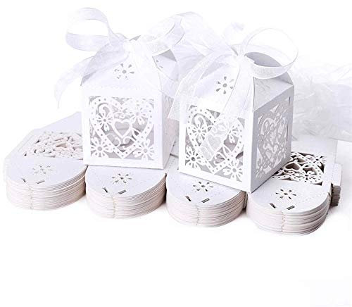 JZK 50 Porta Confeti de Corazón Blanco Nacarado Tarjeta de Lugar Caja de Regalo para Boda Cumpleaños Bautismo Comunión Nacimiento Navidad
