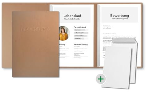 10 Stück 3-teilige Bewerbungsmappen Cognac in feinster Lederstruktur - inkl. 10 Versandumschläge in Weiß - mit 2 Klemmschienen und hochwertiger Prägung ''BEWERBUNG'' - direkt vom Hersteller STRATAG