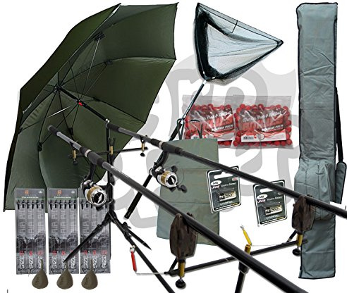 Deluxe Complete Full Carp fishing Set Up With 2x Rods Reels Alarms 42 Landing Net Rod Holdall Boilies Bivvy Plus Tackle