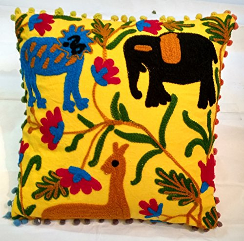 Traditional Jaipur Suzani - Funda de almohada bordada de 16 x 16 pulgadas, diseño de animales indios para exteriores, funda de almohada decorativa, funda de cojín con pompones, funda de almohada