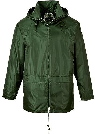 Portwest S440 Men's Classic Waterproof Rain Jacket with Packaway Hood - Lightweight Breathable Outdoor CE Certified Raincoat, Olive Green, L