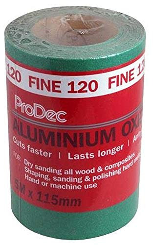 ProDec Rollo de 5 m de papel de lija abrasivo de óxido de aluminio verde de grano fino 120 para lijar madera, pintura, yeso, masilla, metal y más, 115 mm de ancho, compatible con lijadoras a máquina
