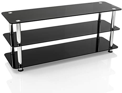 mountright TV Stand (Black Glass, Silver Leg) Modern Glass Table For Televisions 32 to 55 Inch | Living Room Display Table | LED, LCD, OLED Support | Heavy Duty Stability