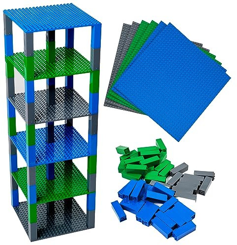 Strictly Briks Classic Stackable Baseplates, Building Bricks For Towers, Compatible with LEGO Blocks, Compatible with LEGO Base Plates, Blue, Green & Gray, 6 Base Plates & 50 Stackers, 15x15cm