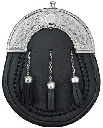 Ledersporran mit Kettenquasten und Sporran-Gürtel und Trägern, Schwarzes Leder, Erwachsene Größe