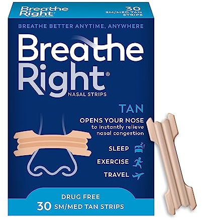 Breathe Right Nasal Strips, Extra Strength Tan Nose Strips, Drug-Free Nasal Congestion Relief for Better Breathing, Help Relieve Snoring, Caused by Colds & Allergies, Deviated Septum, Small/Medium