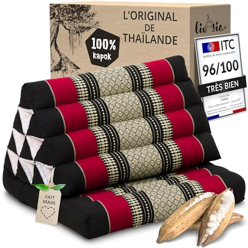 livasia Coussins thaï à 1 Bloc - 75x50x8cm - Coussin Triangulaire avec Coussin d’Assise, Coussin en biseau en kapok, Coussin de Soutien Dorsal Pliable, Tapis thaï Pliable, Fait Main (Noir/Rouge)