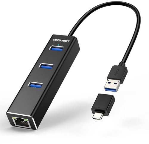 TECKNET USB C Hub, Aluminum 3 Port USB Hub 3.0, 4 in 1 USB Splitter, USB Adapter with RJ45 1000/100/10 Gigabit Ethernet Adapter Converter, USB Extender Adapter for Laptop、Desktop、MacBook、Smartphones