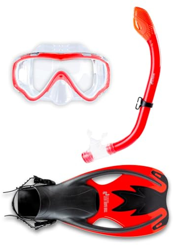 Two Bare Feet Kids Dry Top Snorkel, Mask and Fins Set – Easy-Breathing Junior Snorkelling Set for Pool, Beach and Sea